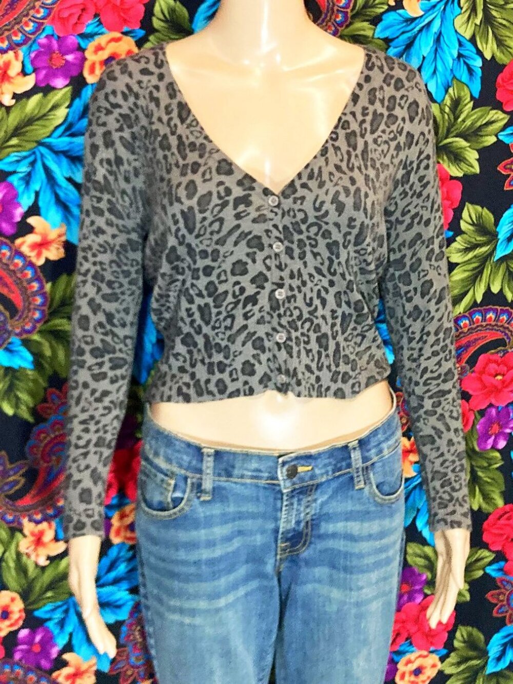 WOMEN'S MAK CARDIGAN SWEATER KNIT CHEETAH LEOPARD PRINT WOMENS SIZE LARGE VNECK